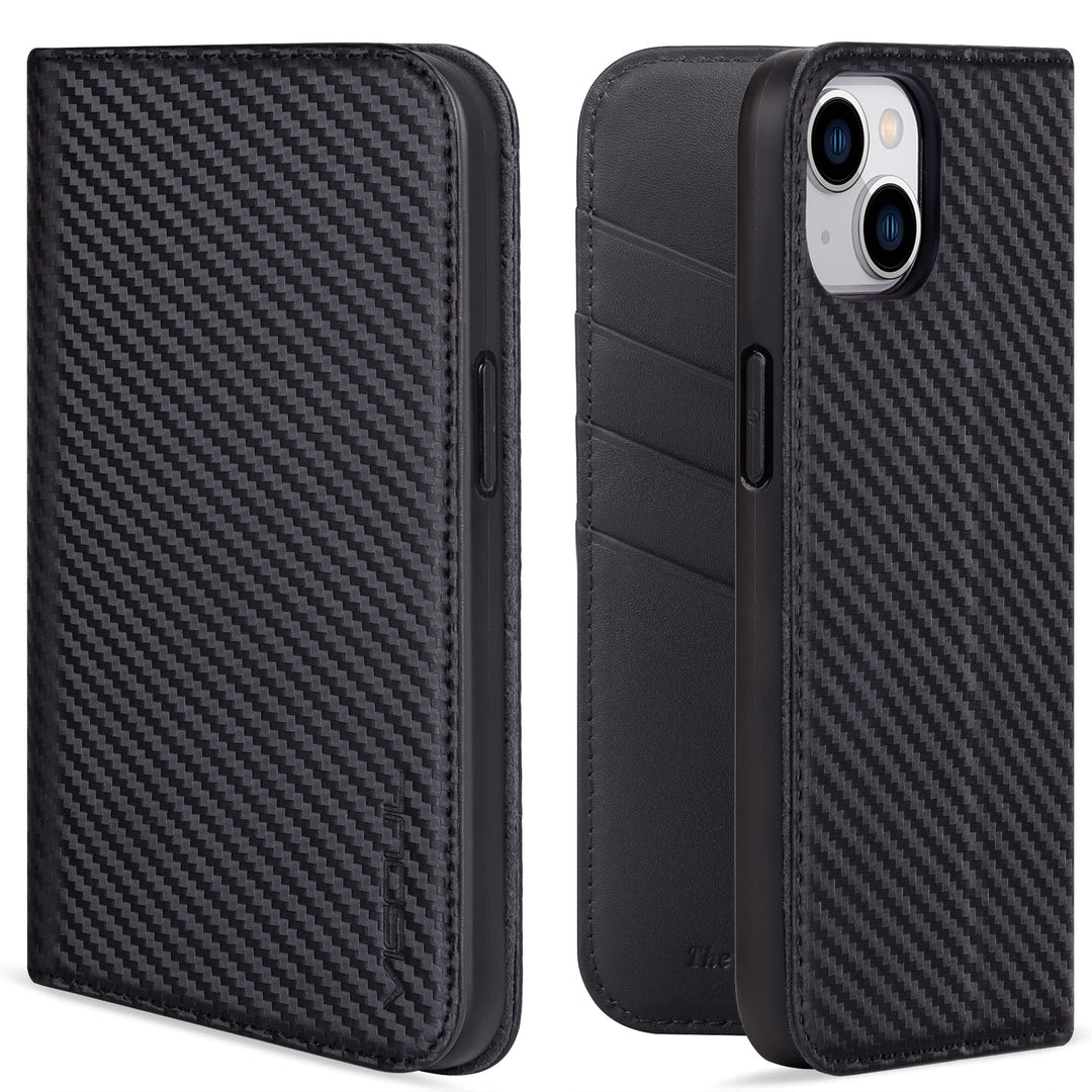 VISOUL iPhone 14 Plus Hülle, Handyhülle [100% Carbon Leder] [RFID Schutz] [Schützt vor Stoss] [Stand