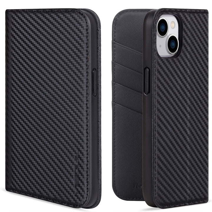 VISOUL iPhone 14 Plus Hülle, Handyhülle [100% Carbon Leder] [RFID Schutz] [Schützt vor Stoss] [Stand