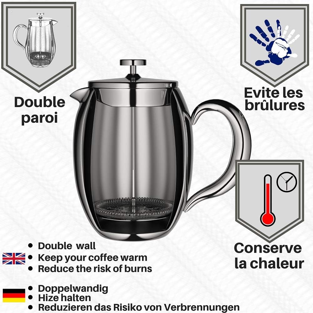 VeoHome French Press Kaffeebereiter Kaffeekanne unzerbrechlich und hält Ihren Kaffee dank der Doppel