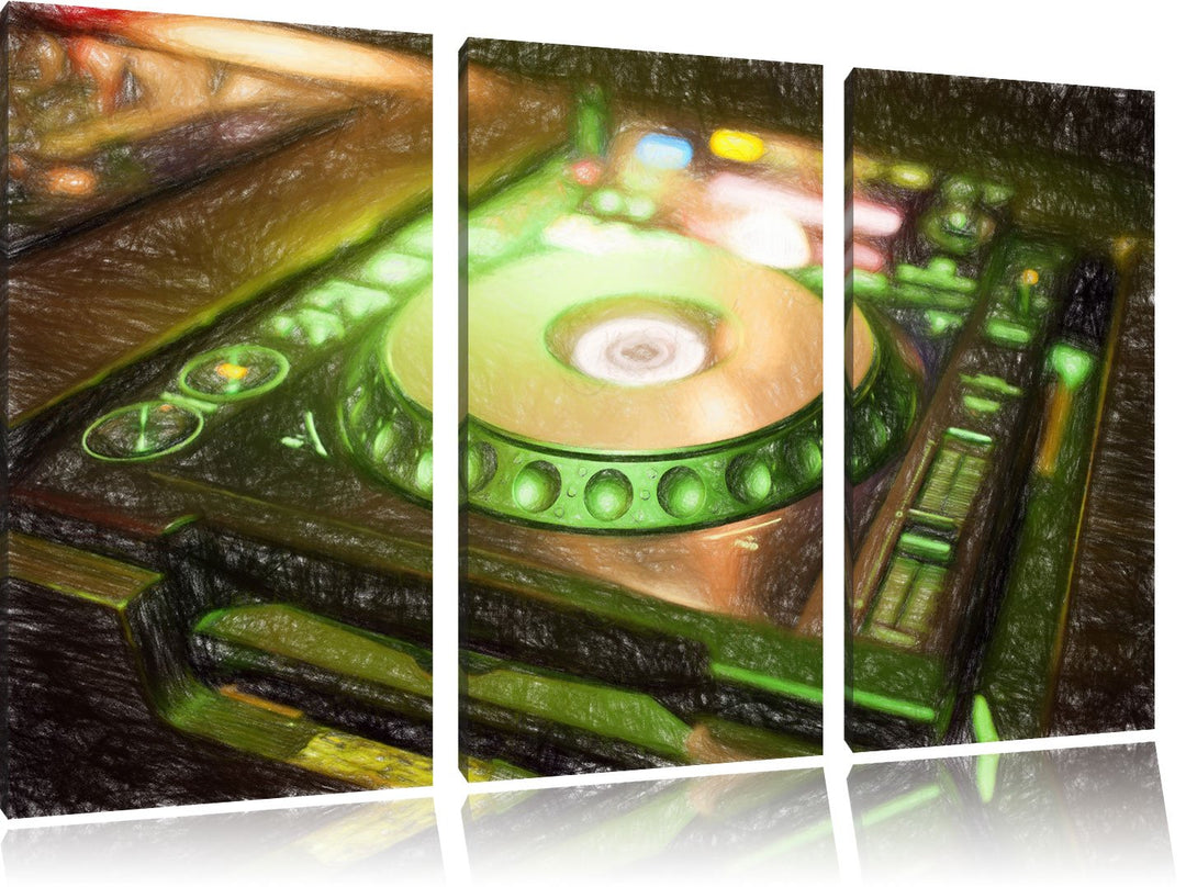 Pixxprint Grün beleuchteter DJ Pult als Leinwandbild/Grösse: 3 Teilig (120x80 cm) cm/Wandbild/Kunstd