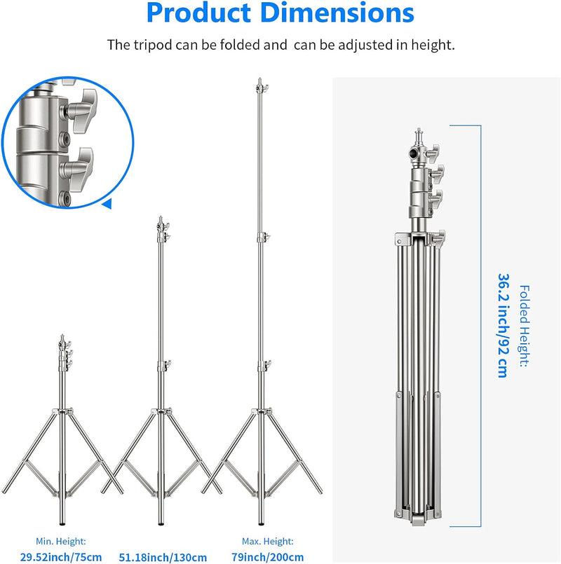 NEEWER 79"/2m Edelstahl Lichtstativ,federgepuffertes Hochleistungs Fotografiestativ mit 1/4" bis 3/8