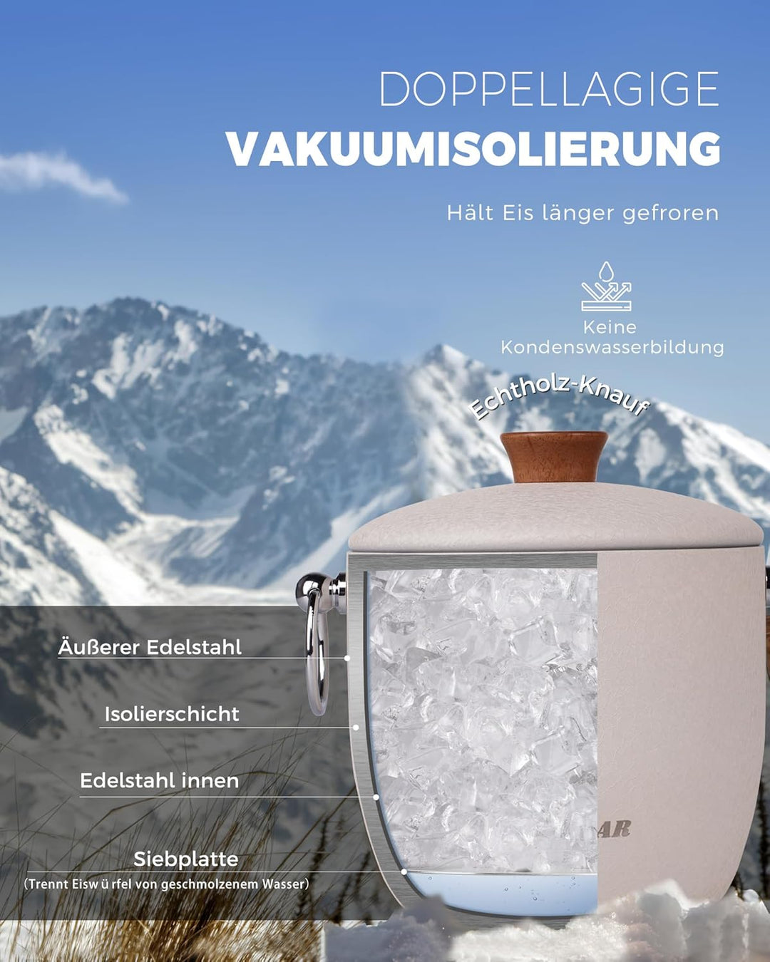 Poliviar Edelstahl Eiswürfelbehälter, 2,5 L Doppelwandiger Eisbehälter, Eiswürfelbehälter mit Deckel
