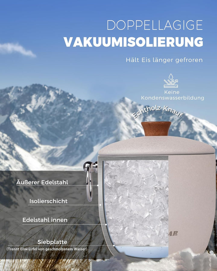Poliviar Edelstahl Eiswürfelbehälter, 2,5 L Doppelwandiger Eisbehälter, Eiswürfelbehälter mit Deckel