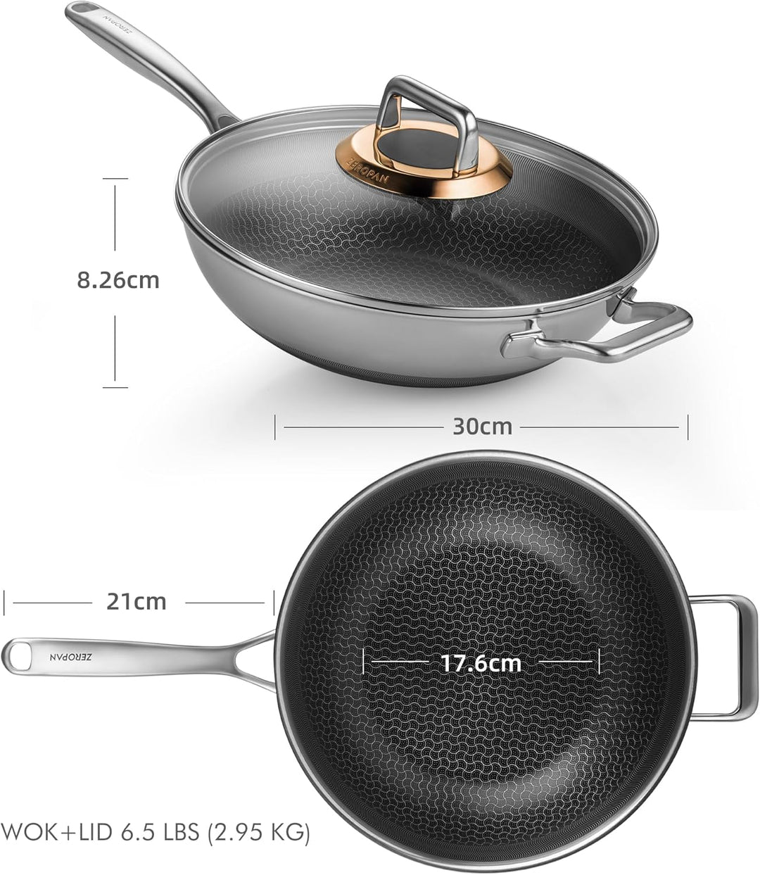 Wokpfanne mit Deckel Hybrid 30cm, Wabenpfanne Antihaft Edelstahl, kühl bleibender Griff, spülmaschin