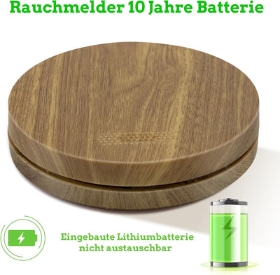 XINDUM Rauchmelder 5er Set 10 Jahre Batterie, Holzfarbener Rauchmelder mit Stummschaltfunktion, 85dB