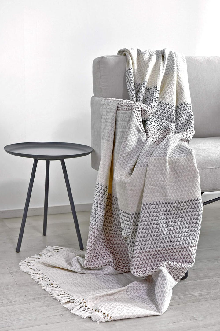 Wohndecke Plaid Dana, 150x200 cm, Grau Mauve (Altrosa) Weiss (Weiss), Gemustert, Boho, Baumwolle, ge