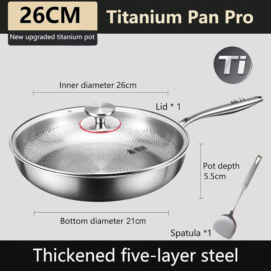Titan Pfanne Unbeschichtet,Titanium Hammered Pan Pro mit Deckel Spatel 26CM | Pfanne Aus Reinem Tita