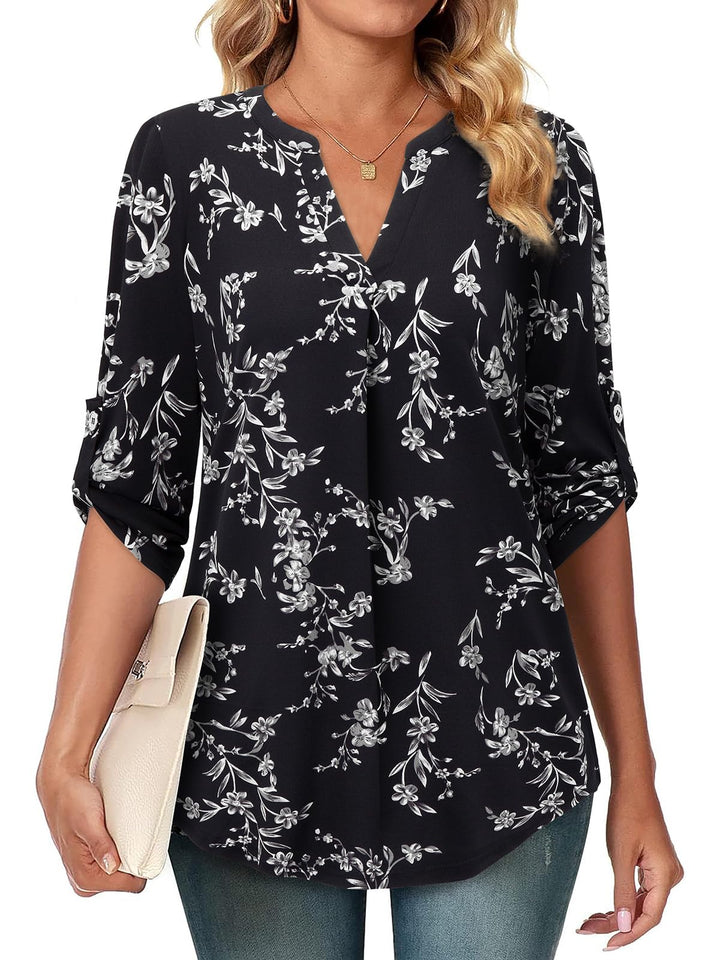 Siddhe Damen V-Ausschnitt Bluse 3/4 Ärmel Oberteile Tunika Tops Locker Longshirt Lässige T-Shirt Lan