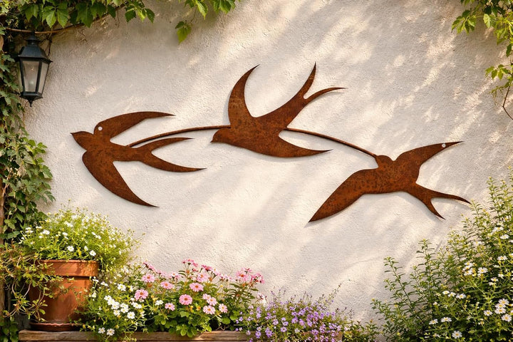 Bornhöft Gartendeko Schwalben aus Edelrost, 3er Set Wanddekoration, Fliegende Vögel zum Aufhängen, R