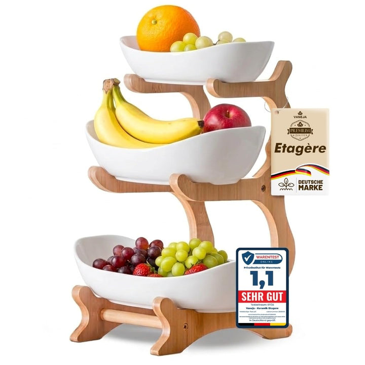 Obst Etagere 3 stöckig WEISS KERAMIK mit Bambusständer, Servierständer für Obst Snacks Gebäck, elega