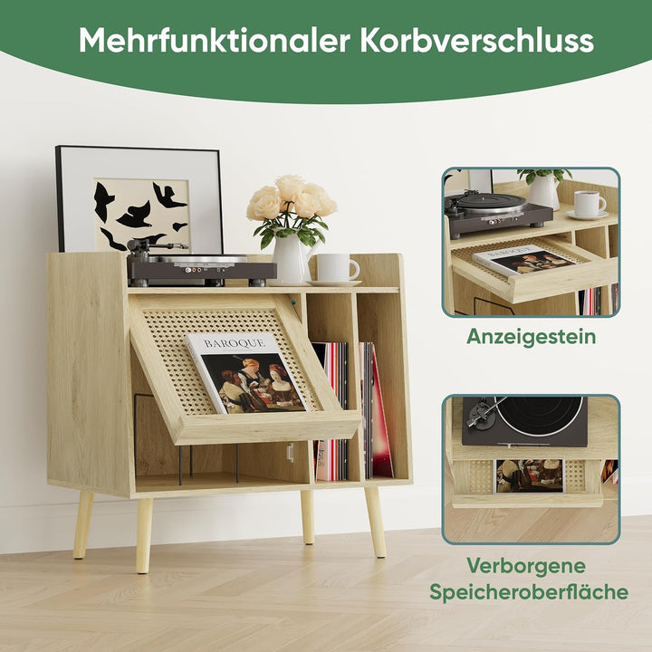 Kiasthome Schallplattenschrank Hellholz mit Rattan, Niedriger Vinyl Schrank mit 2 Vinyl-Fächern &amp; Ra