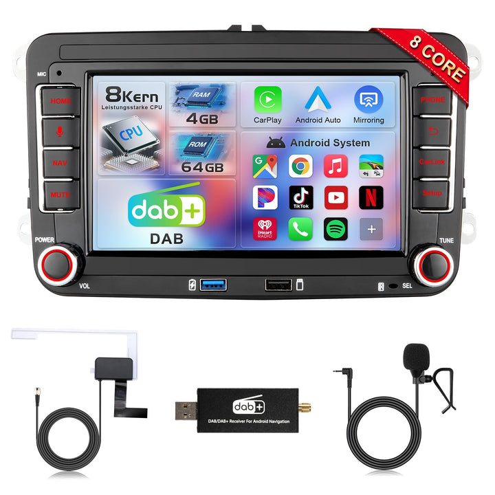 DAB+ Android Autoradio mit Navi Bildschirm für VW Golf 5 6 Seat Passat Sharan Tiguan, Wireless Andro