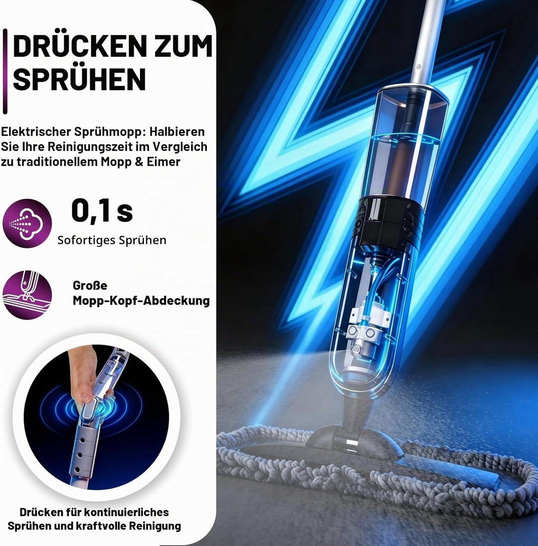 Elektrischer Sprühwischer Bodenreiniger Starter Set mit 2 Reinigungspads, 700ml Flasche & Schaber, 3