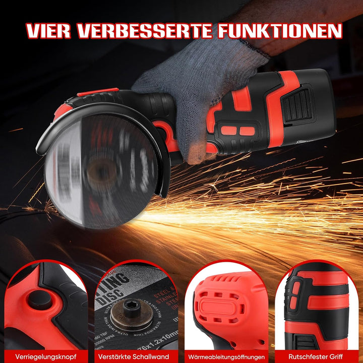 Akku Winkelschleifer 19500RPM | Mini Akku Flex Set mit 2x 2000mAh Akku & 2 Trennscheiben, 2x76mm Min