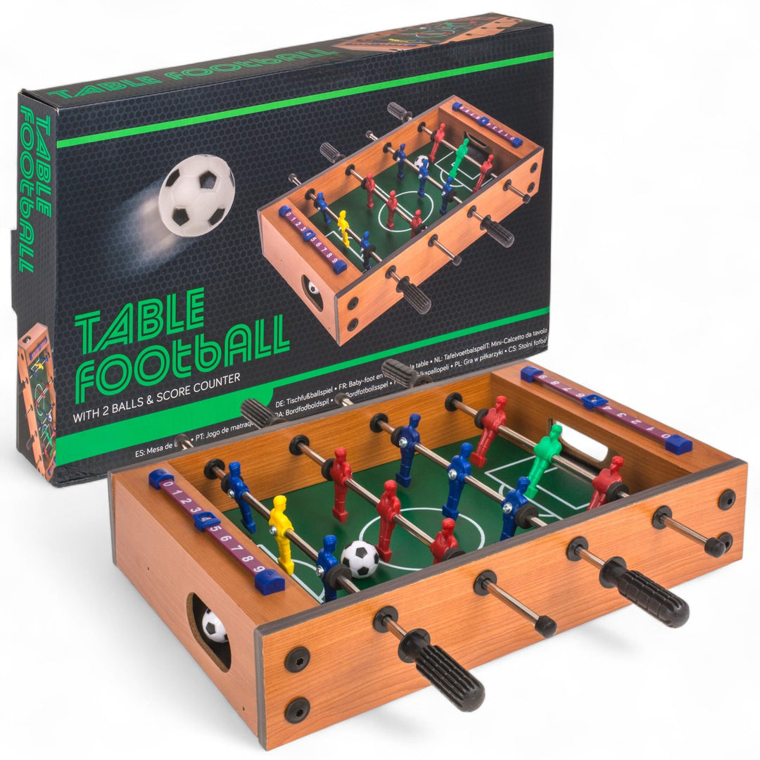 MIJOMA Tischfussballspiel aus Holz – Mini-Kicker für Kinder & Erwachsene, mit 2 Bällen & Torzähler –