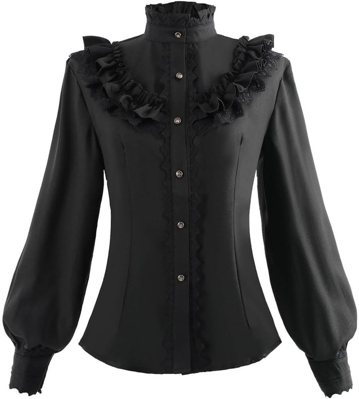 Fiamll Damen Viktorianisch Bluse Vintage Schleifenhemd Stehkragen mit Rüschen Langarmshirt Mittelalt