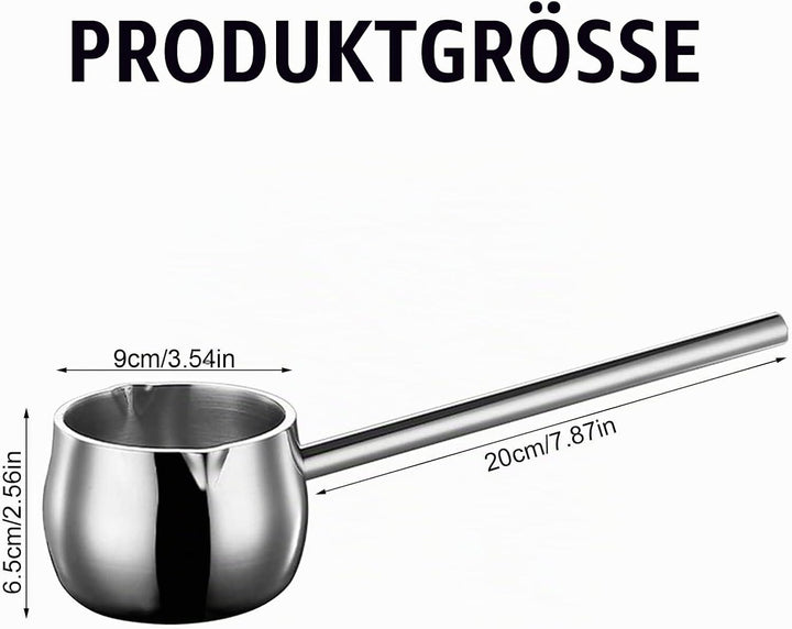 Mini Topf Milchpfanne mit Langem Griff, 300ml Kaffeekanne Butterwärmer mit Ausgiesser, Edelstahl Ind