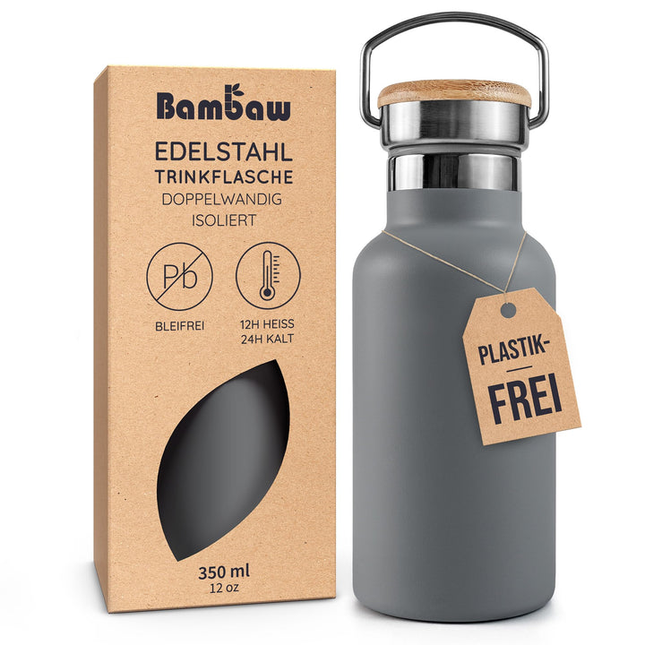 Bambaw Thermosflasche 350 ml, graue Kinder-Edelstahl-Trinkflasche, isoliert, auslaufsicher – Anthraz