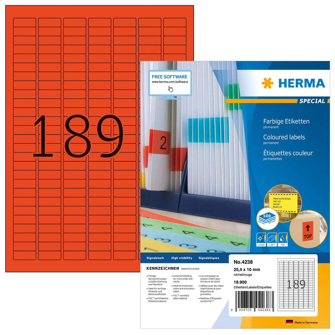 HERMA 4238 Farbige Etiketten rot, 100 Blatt, 25,4 x 10 mm, 189 Stück pro A4 Bogen, 18900 Aufkleber,