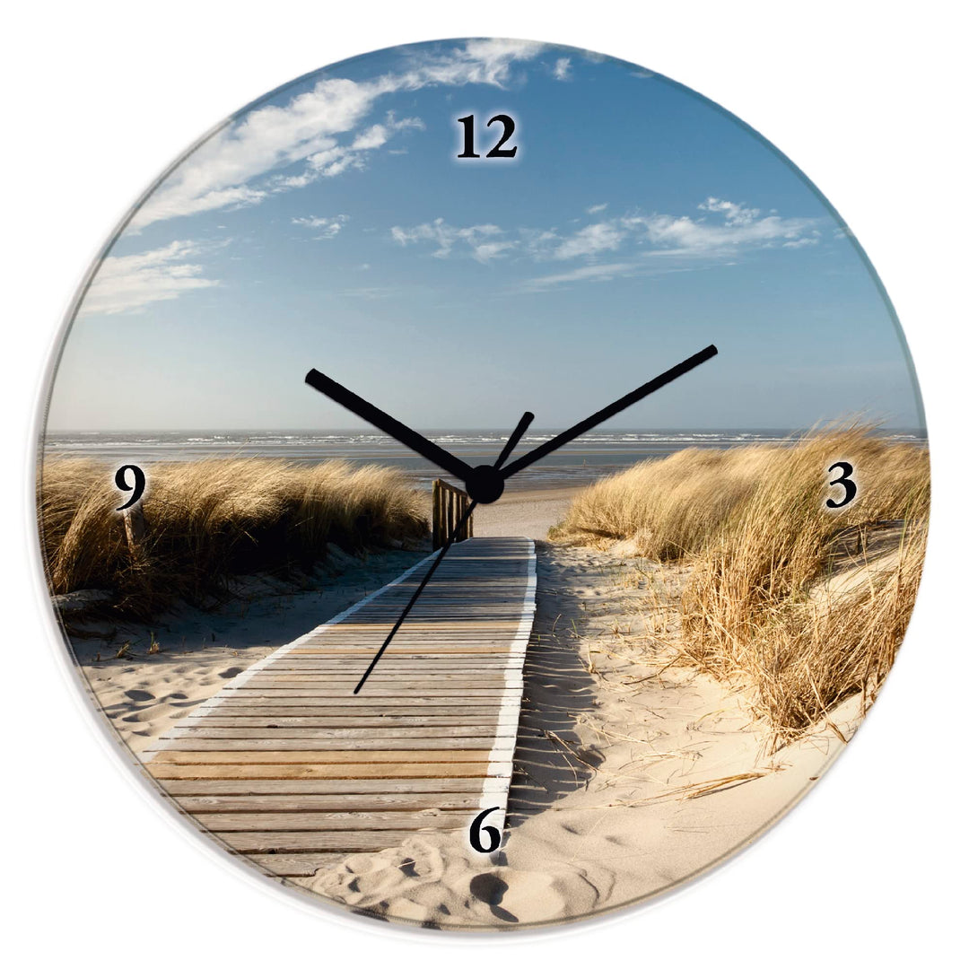 ARTLAND Wanduhr ohne Tickgeräusche Glas Funkuhr Ø 30 cm Rund Lautlos Nordseestrand Langeoog Nordsee