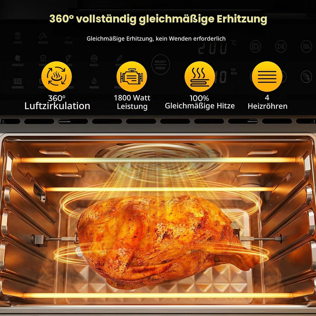 Heissluftfritteuse XXL 30L – Heissluftofen mit Umluft, 18 Programme, 9 Zubehörteile, LED-Touchscreen