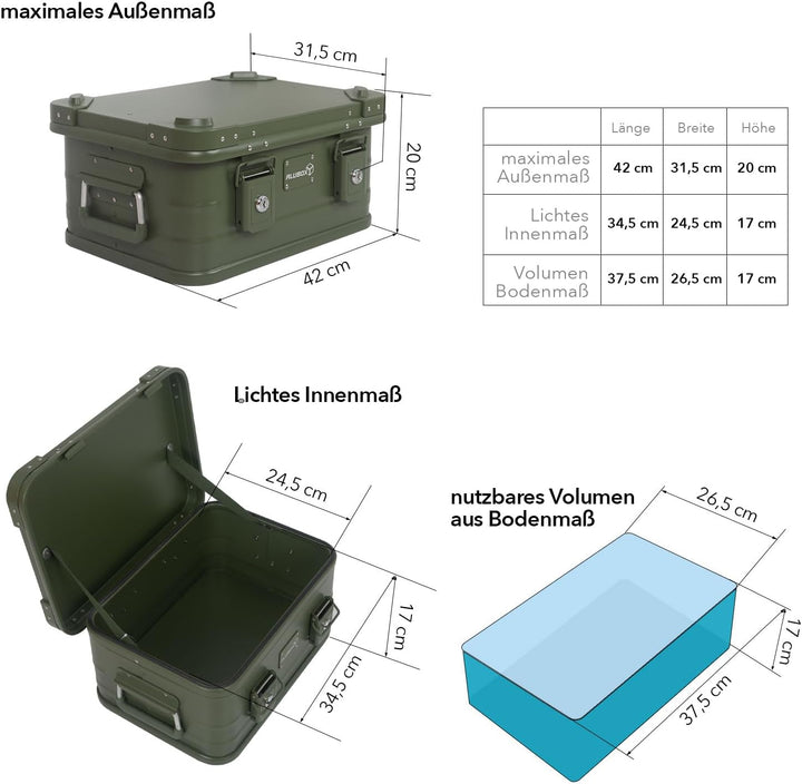 Alubox Alukiste abschliessbar E18G OLIVGRÜN - Premium Lagerbox 18 Liter - Materialstärke 1mm - Decke