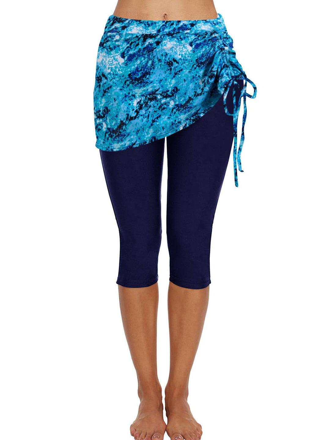 Ecupper Badehose Damen Lang Schwimmhose Capri Badeleggings Mit Rock Schwimm S Blau Marmor Druck, S B