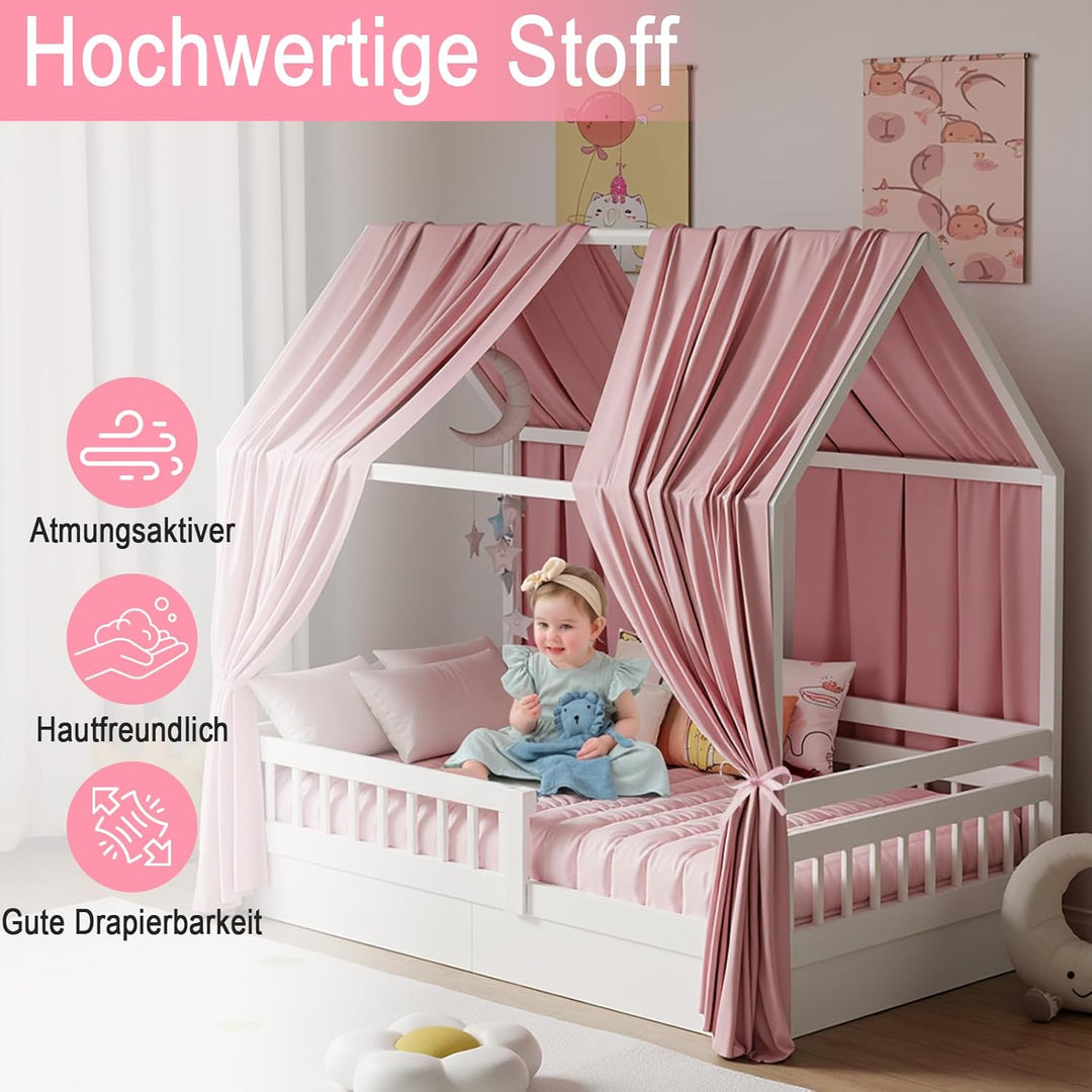 Hausbett Himmel, Betthimmel Hausbett Musselin mit 2 Stück Betthimmel, Stoffhimmel für Hausbett Mädch