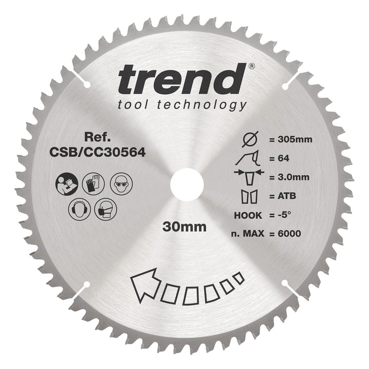 Trend CraftPro Negative Hook Crosscutting TCT Kreissägeblatt, 305mm Durchmesser x 64 Zähne x 30mm Bo