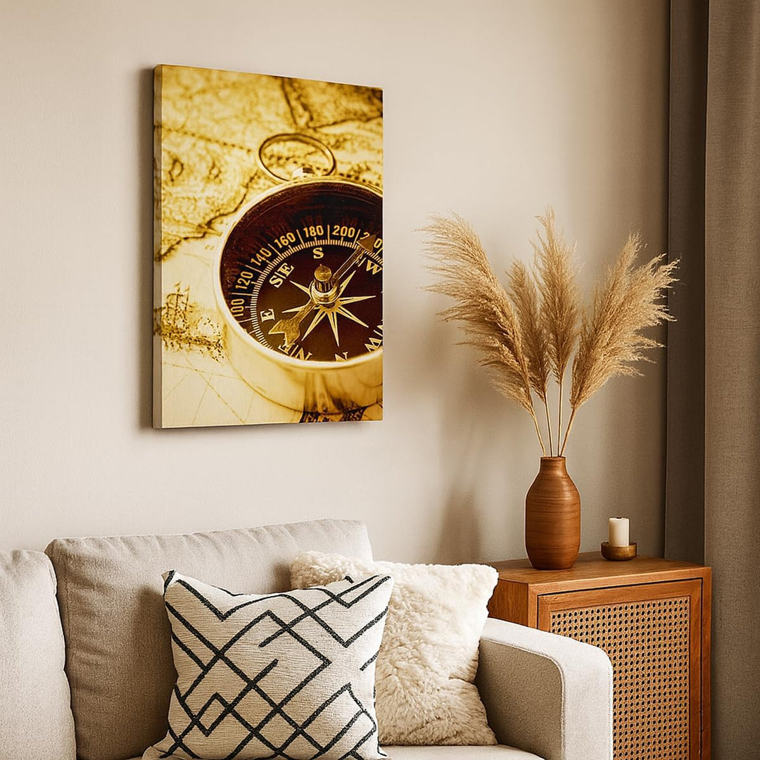 Bilder auf Leinwand 55x100cm Leinwandbild mit Rahmen Kompass alt reisen Reise Gross Wanddeko Bild Sc