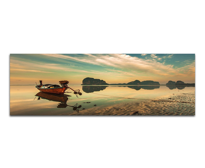 Paul Sinus Art Panoramabild auf Leinwand und Keilrahmen 150x50cm Strand Meer Boot Felsen Wolken Spie