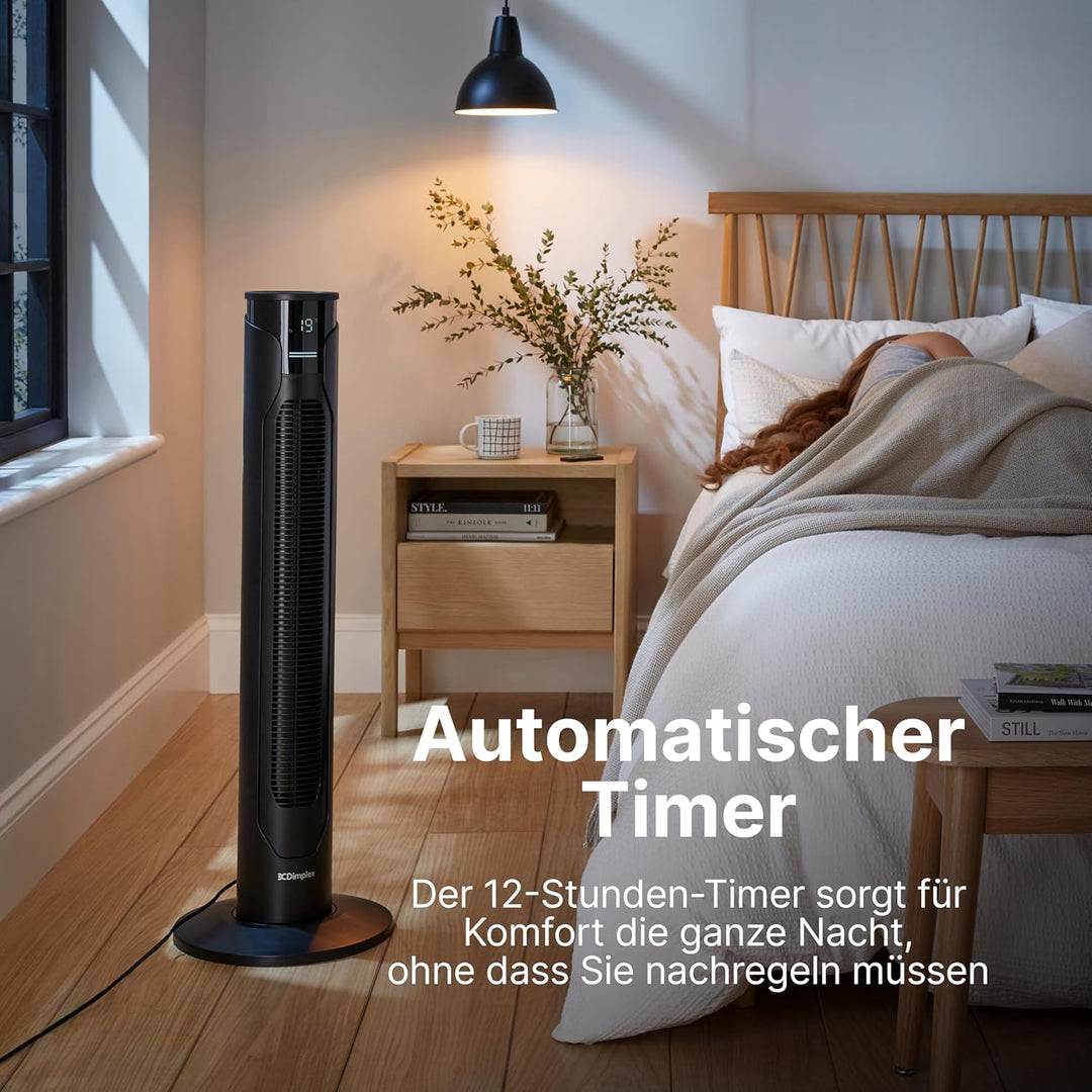 DIMPLEX Tower Fan Turmventilator, Standventilator 70° Oszillierend mit 3 Geschwindigkeiten, 12 Std.-