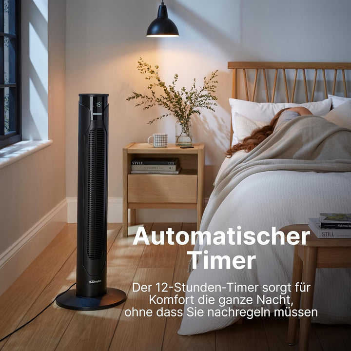 DIMPLEX Tower Fan Turmventilator, Standventilator 70° Oszillierend mit 3 Geschwindigkeiten, 12 Std.-