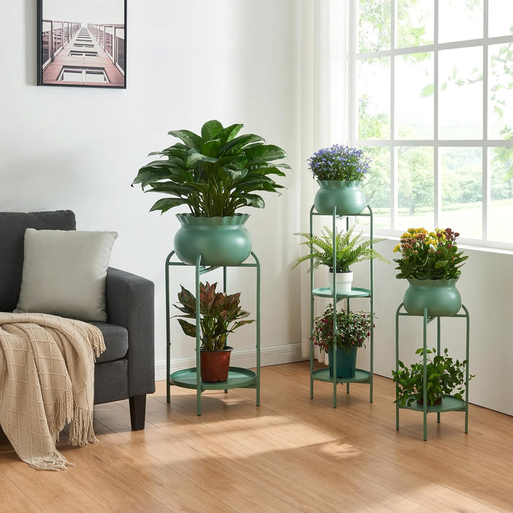 [en.casa] Blumenständer Altena Pflanzenständer mit Blumentopf und 2 Ablagen Metall Grün Pflanzenrega