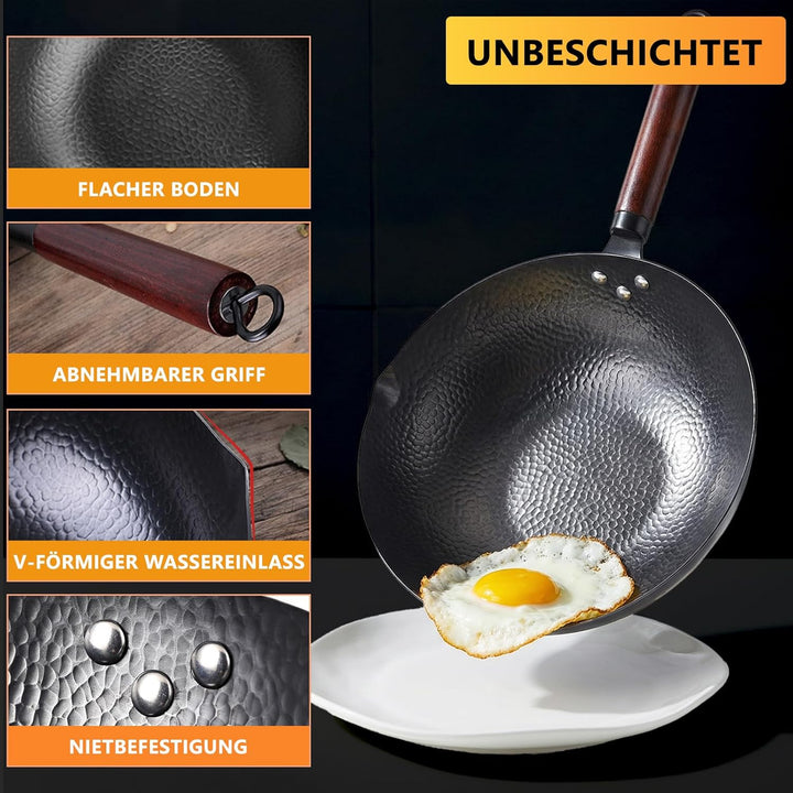 Wok mit Deckel 32cm Gusseisen Wokpfannen: Wok für Alle Herdarten Geschmiedet Eisenpfanne Keine Chemi