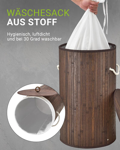 Juskys Bambus Wäschekorb Curly-Round Braun 55L - Hygienischer & Faltbarer Wäschekorb mit Deckel, Tra