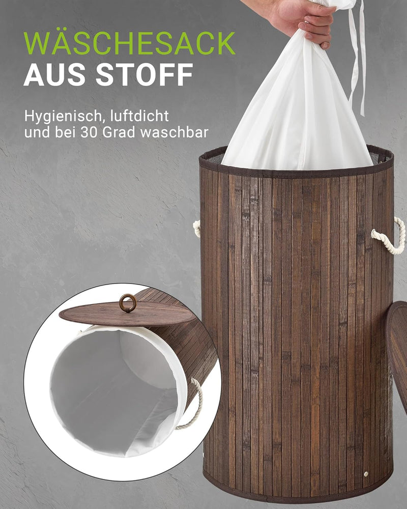 Juskys Bambus Wäschekorb Curly-Round Braun 55L - Hygienischer & Faltbarer Wäschekorb mit Deckel, Tra