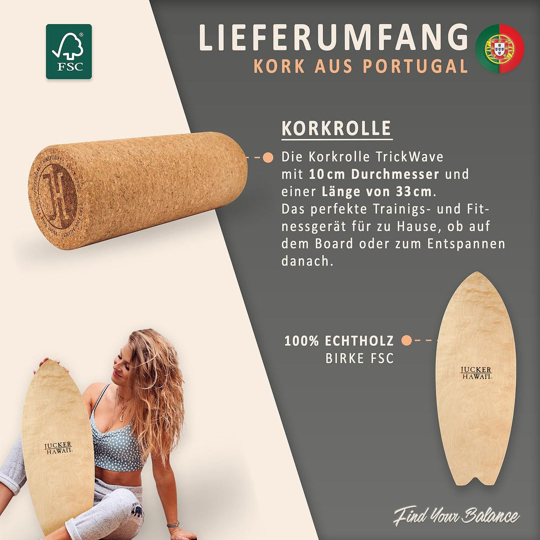 JUCKER HAWAII Balanceboards aus Echtholz mit Korkrolle - Balance Board & Indoor Surfboard Trickboard