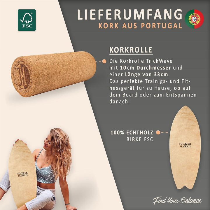 JUCKER HAWAII Balanceboards aus Echtholz mit Korkrolle - Balance Board & Indoor Surfboard Trickboard
