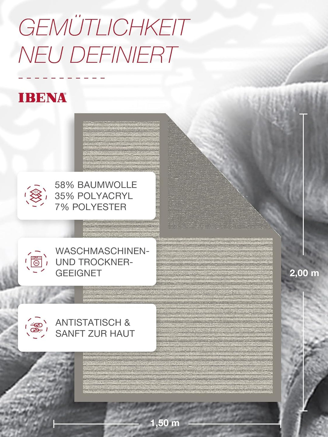 Ibena Fano Kuscheldecke 150x200 cm – Wohndecke grau hellgrau, tolle Wendedecke aus hochwertiger Baum