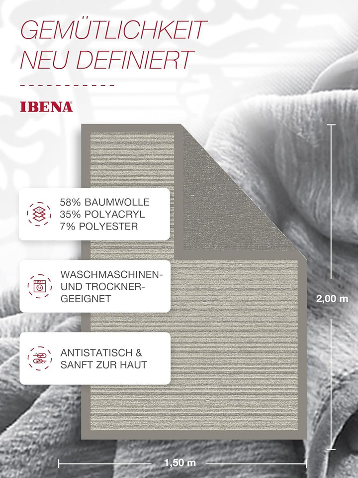 Ibena Fano Kuscheldecke 150x200 cm – Wohndecke grau hellgrau, tolle Wendedecke aus hochwertiger Baum