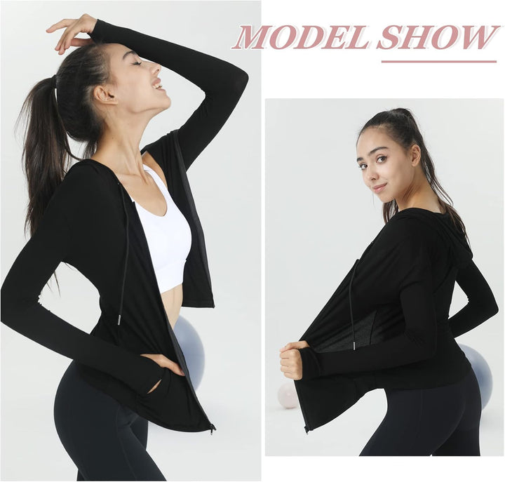 SEAUR Damen Laufjacke Dünn Leicht Sportjacke mit Kapuze Joggen Yoga Jacke Reissverschluss Sweatjacke