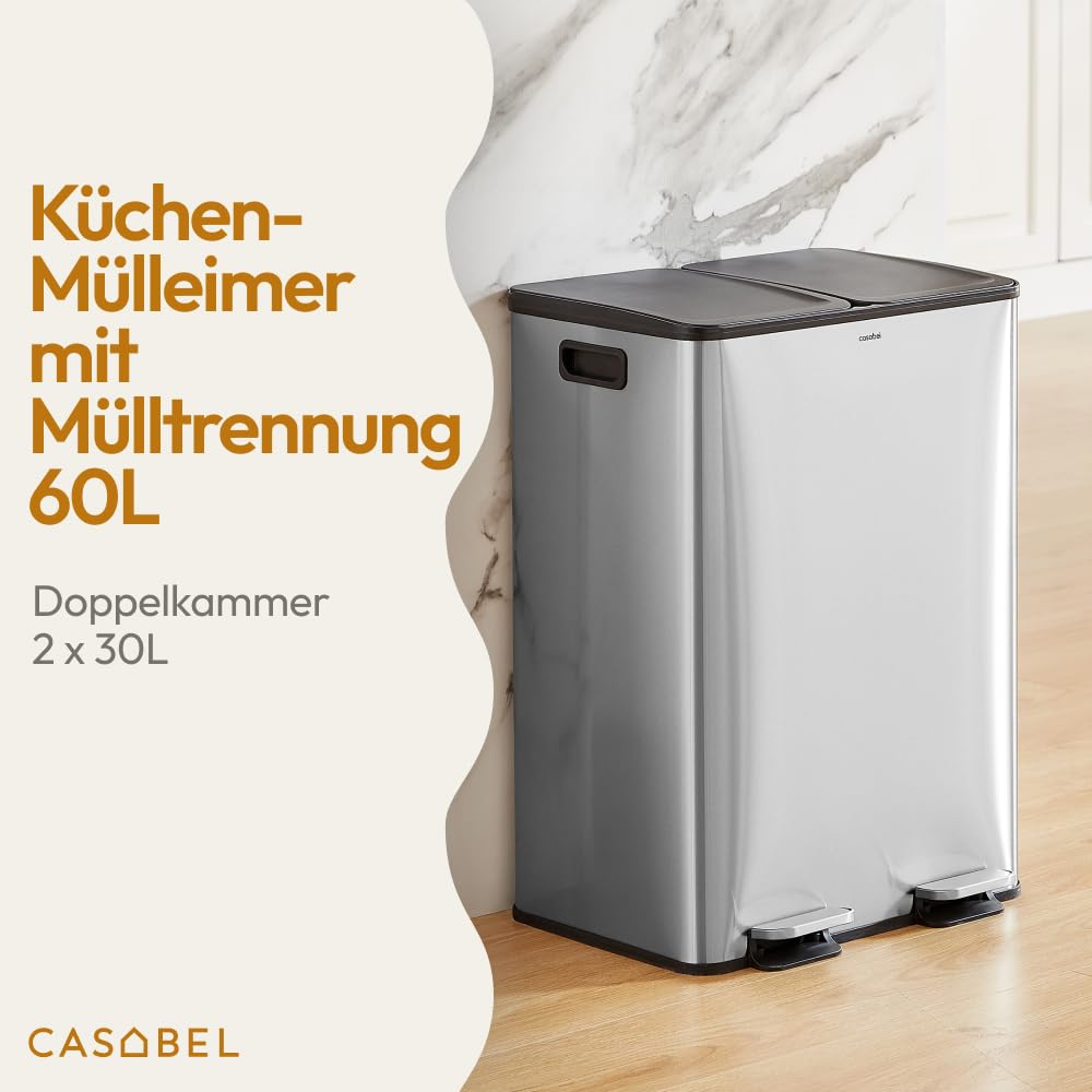 CASABEL Selektive Sortierung Küchenabfallbehälter 60L - 2 x 30 Liter, Doppelfächer, Edelstahl gebürs