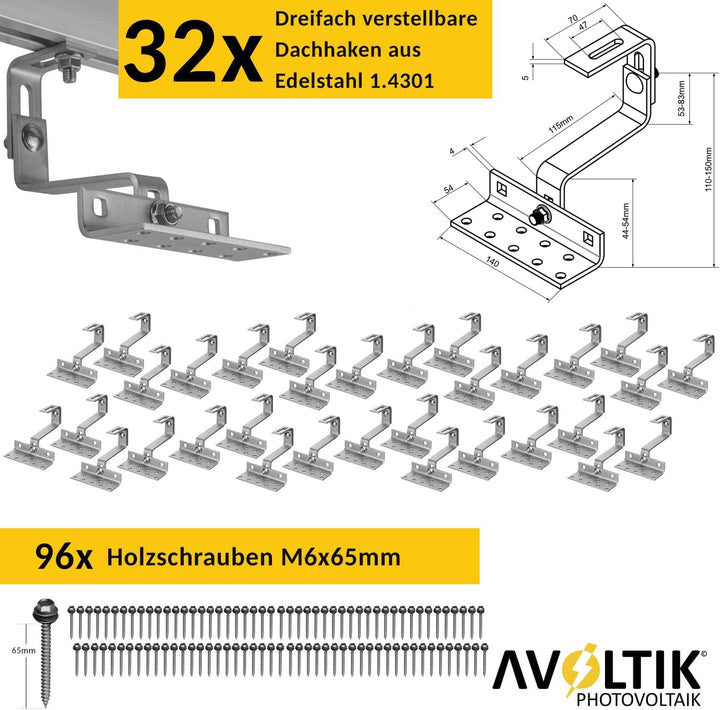 Avoltik Solar Halterung Ziegeldach I Set für 10 PV Module 30-45mm I Solarmodul Halterung Balkonkraft