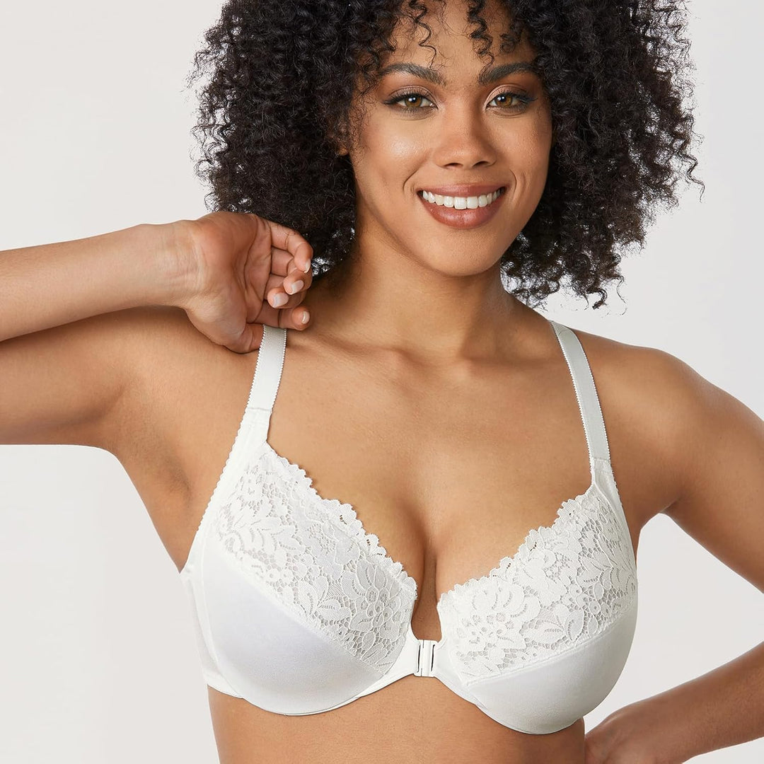 DELIMIRA Damen Vorderverschluss BH mit Bügel Vollständige Abdeckung Grosse Grössen 75B Milchig Weiss