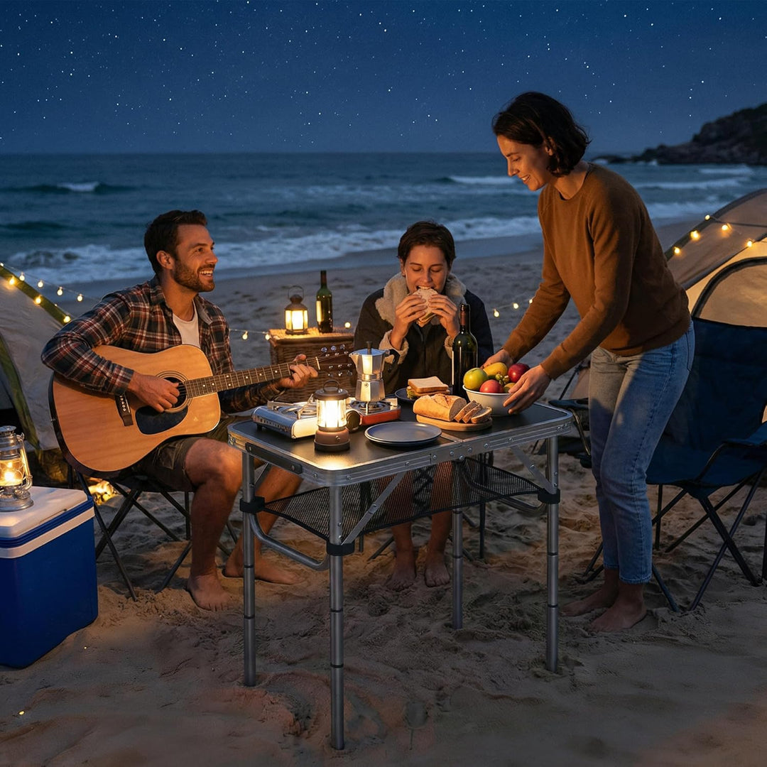 Outsunny Campingtisch Klapptisch mit Netzfach, 4 Höhenverstellungen, Tragegriff Gartentisch aus Alum