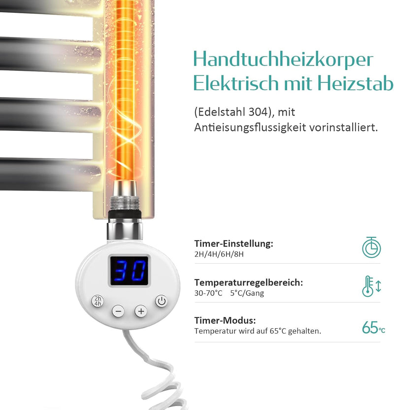 EMKE Badheizkörper Elektrisch Handtuchwärmer mit Thermostat Gebogen 75x60cm 300 Watt Anthrazit Handt