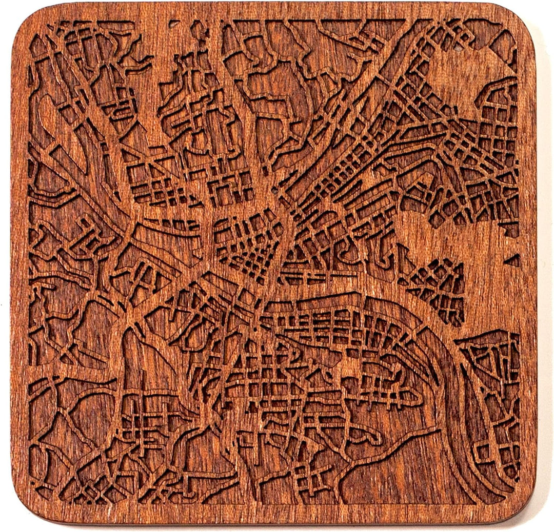 Pittsburgh Untersetzer mit Landkarte aus Sapeli-Holz, 4 Stück, mit Stadtkarte, mehrere Stadt optiona