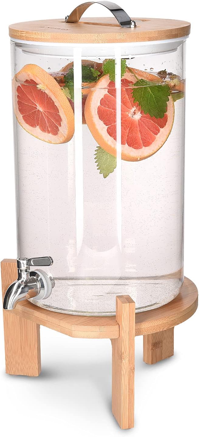 Navaris 7L Getränkespender mit Zapfhahn aus Edelstahl - Glas Wasserspender mit Stand aus Bambus Holz