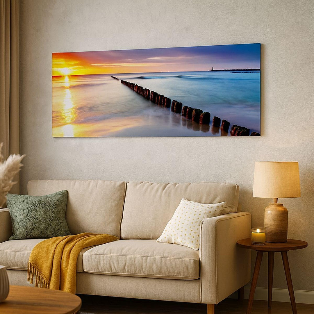 Wandbilder Dekoration Wohnzimmer Meer Küste Strand Sonnenaufgang Panorama Bilder auf Leinwand 120x50